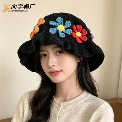 Autumn and Winter New Hand-crocheted Flower Wool Hat Female, Retro Three-dimensional Flower Ruffle Edge Bucket Hat