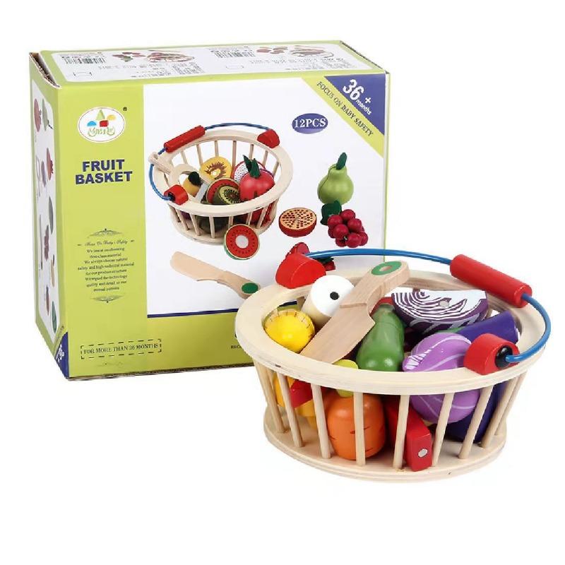 Wooden Magnetic Cut Food Toy Set - Emulational Fruits Vegetables Basket Educational Kitchen Play Game for Toddlers & Babies