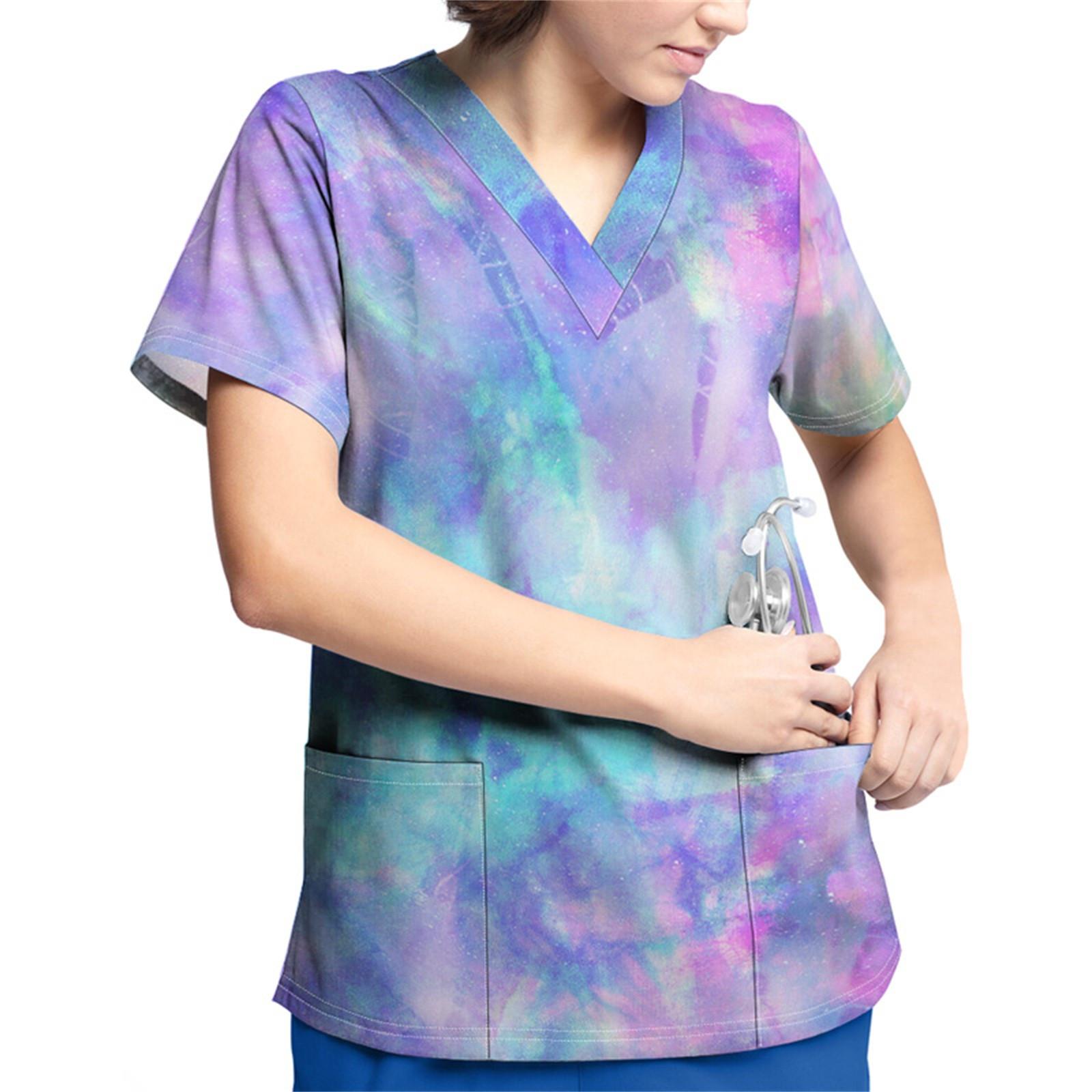 

Рабочая форма больших размеров с принтом, топы для женщин, футболки с v-образным вырезом и короткими рукавами, рабочая одежда, футболка с карманами XL