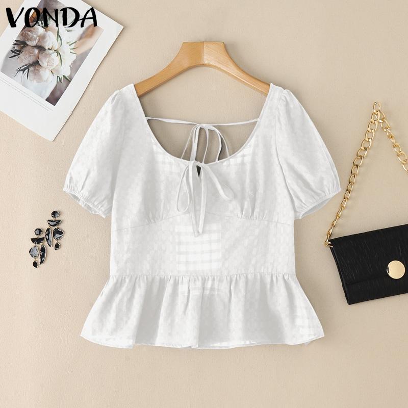 

VONDA Women Puff Sleeve Plaid Print Back Stretch Casual Rumple Blouse M білий