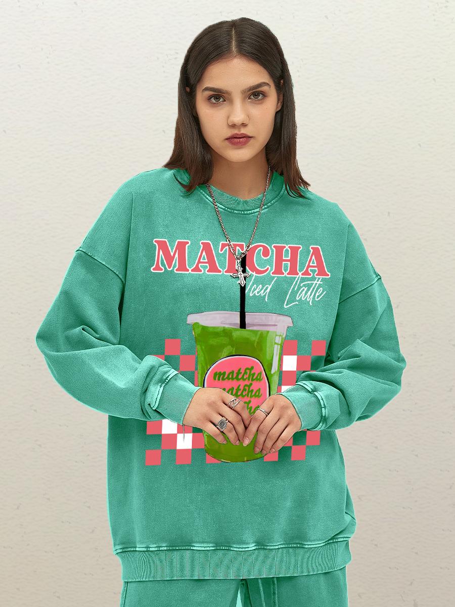 

Matcha Green Iced Drink Prints Women Washed Sweatshirt Oversize Cotton Pullover Street Autumn Clothes Casual O-Neck Sportswear S