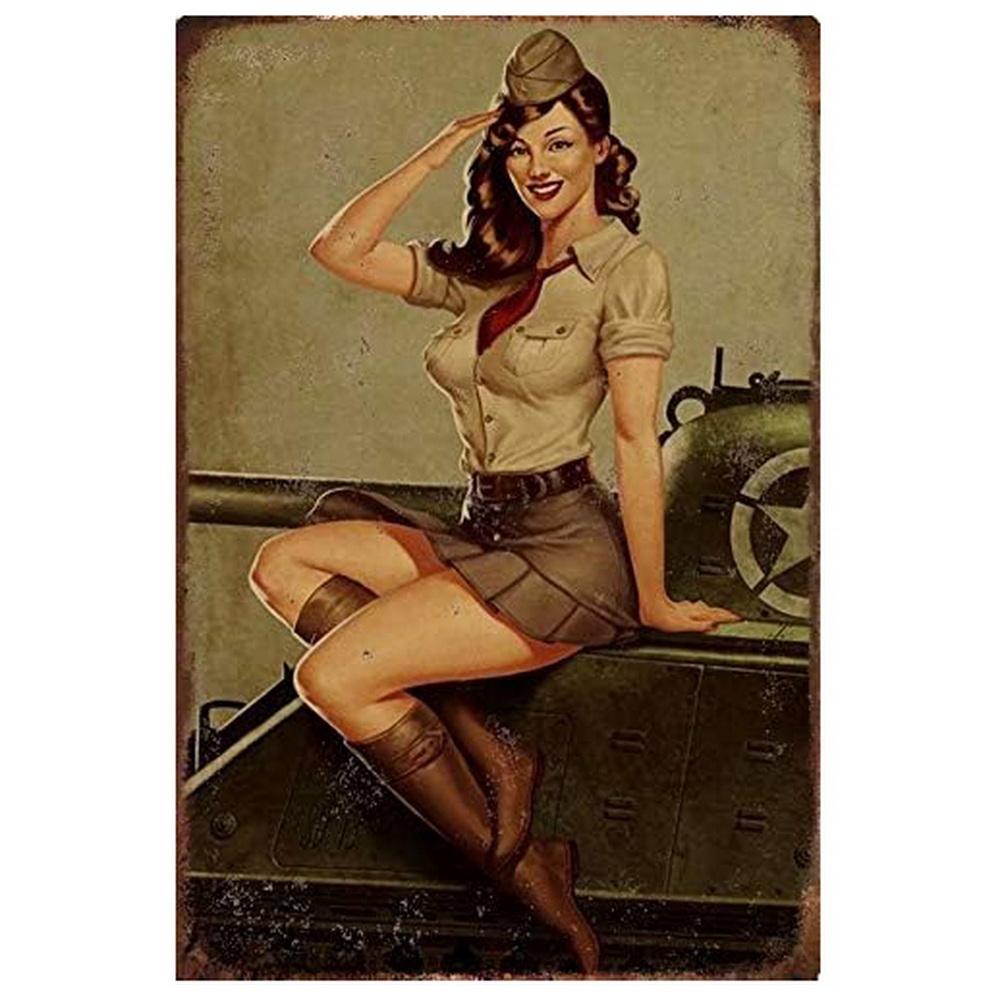 Military Pinup Girls Metal Tin Signs Vintage Plaque Plate Retro Wall Art Poster for Home Cafe Bars Pubs Iron Painting Decoration