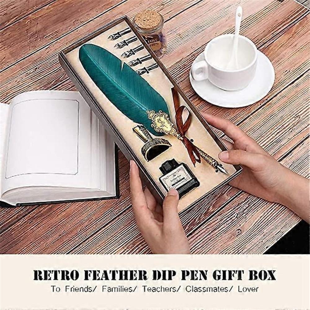 Vintage Feather Pen Set, European Classic Fountain Pen, Antique Peacock Feather Metal Nib Dip Pen