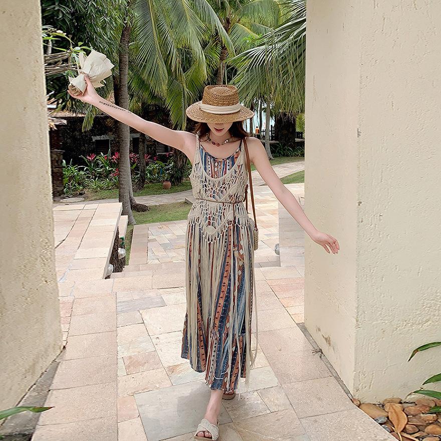 

Летнее новое платье на бретелях женский пляжный отпуск блузка юбка комплект две вещи XL