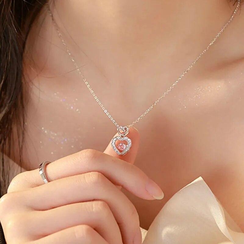 2023 Crystal Zircon Bow Knot Heart Pendant Necklaces Y2K Pink Heart Ladies Girls Fashion Elegant Clavicle Chain Women Jewelry