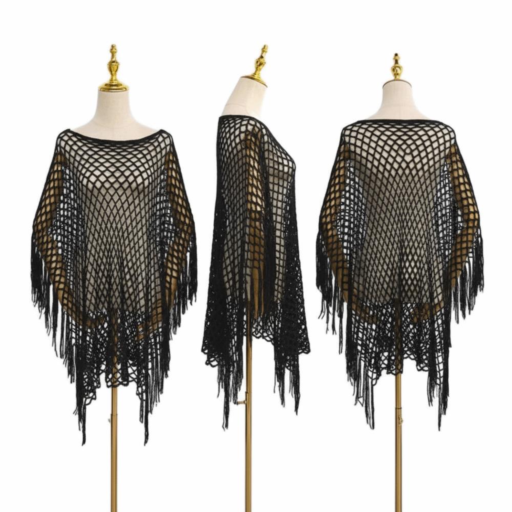 Through Hollow Out Pareo Solid Color Tassels Shawls Sexy Long Sleeve Cover Up for Women