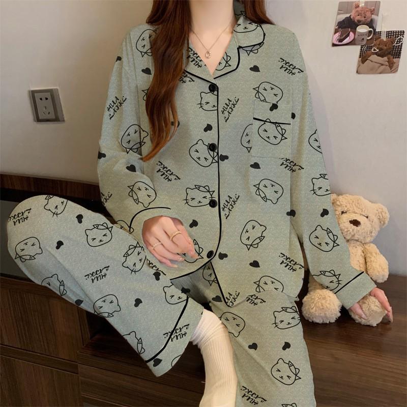 Womens Cute Cartoon Pajamas Set Long Sleeve Loose Loungewear Students Home Wear