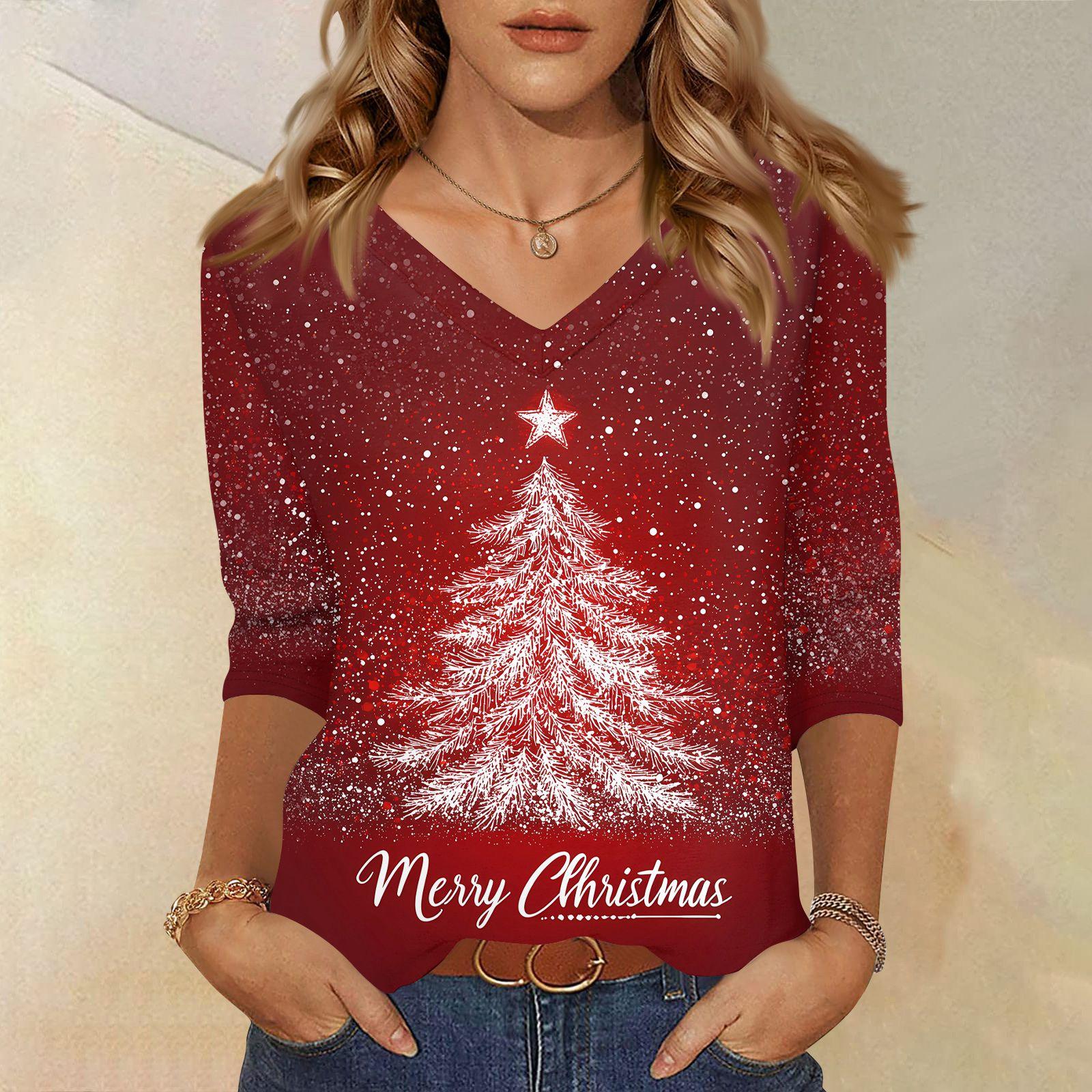 

Женская футболка с рождественским принтом, рукав 3/4, повседневная, для выходных, модная, базовая, с V-образным вырезом, обычный топ XXL белый