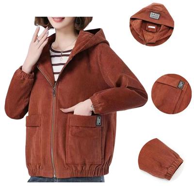 Herbst und Winter Trendy Cord Nähte Kapuze Kurzmantel für Frauen Lose Langarm Mantel Strickjacke Kapuzenmantel Große Größe