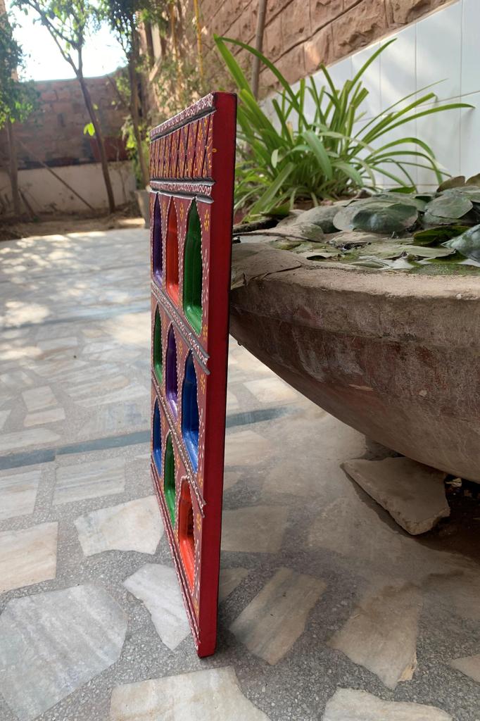 Colorful Hand Painted Wooden Wall Hanging | Indian Jharokha Style Folk Art | Boho Ethnic Home Decor