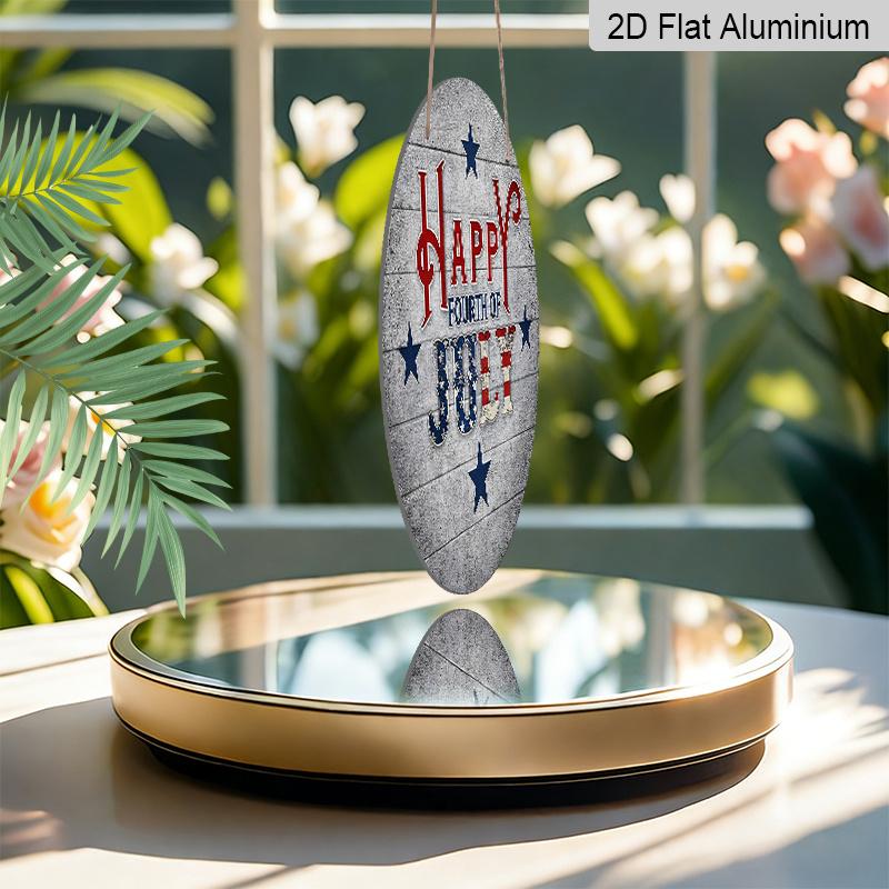 2D Flat, 1pc Round "Happy Fourth of July" Aluminum Hanging Sign, Patriotic USA Flag Star Letter Design, Rustic Wooden Background Metal Wall Decor