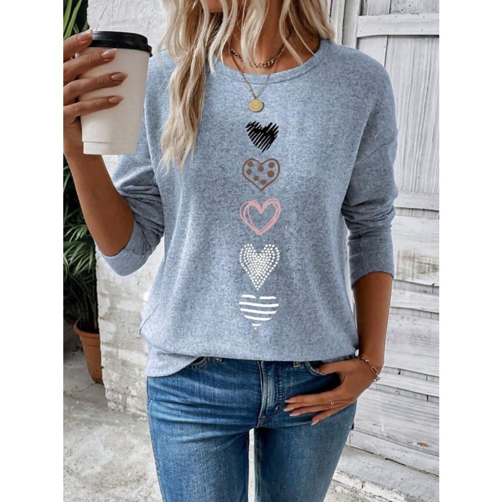 Top da Donna Stampa Cuori Girocollo Manica Lunga T-shirt Autunno Casual Slim Pullover Top a Manica Lunga da Donna