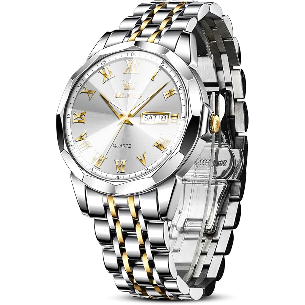 OLEVS Men s Analog Quartz Watch Waterproof Gold White Luminous Business Watch Stainless Steel Band Silver Dial