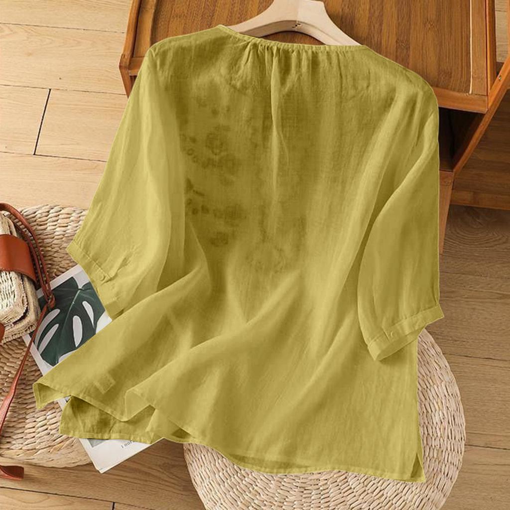 Women's Vintage Inspired Relaxed Fit Embroidered Cotton Linen Blend V-Neck Blouse With Mid Length Sleeves