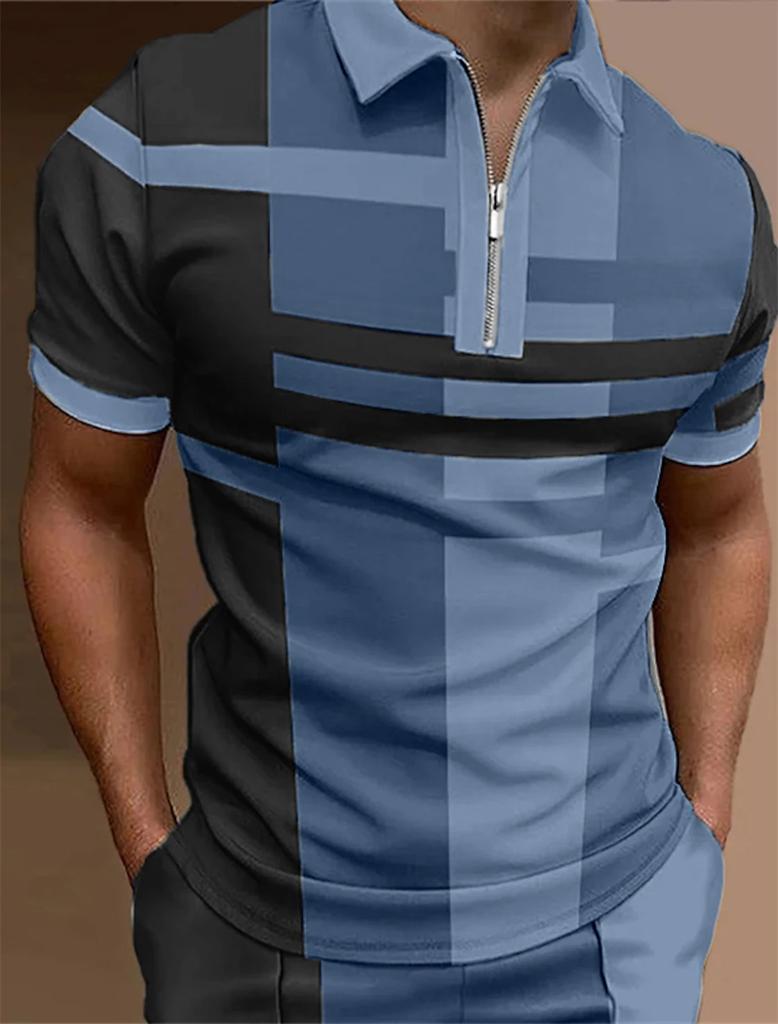 Men's Zipper Polo, Collar Polo Shirt, Golf Shirt, Graphic Print, Geometry, Linear Opening, Short Sleeve, Zipper Clothing Top