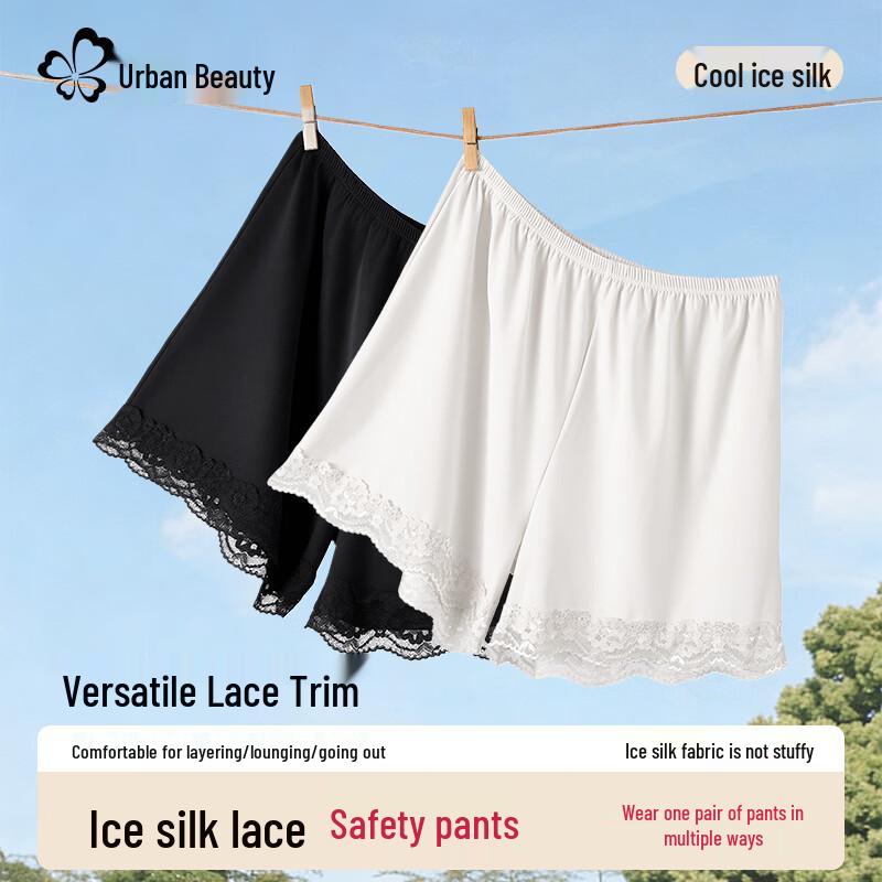 

Women s High-Waist Ice Silk Lace Safety Shorts L