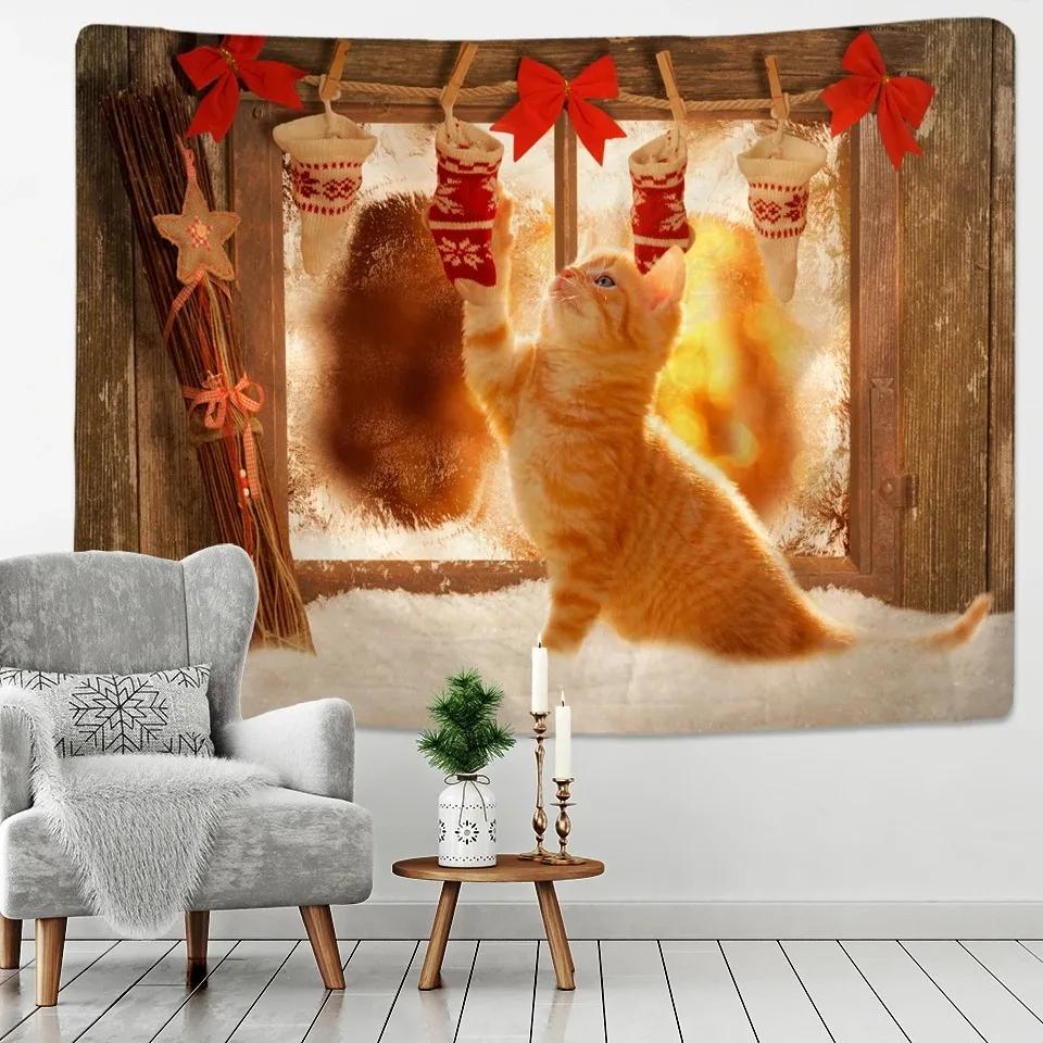 Weihnachten Schneeszene Katze Wandteppich Schlafzimmer Wohnzimmer Zuhause Weihnachten Dekorative Wandteppich