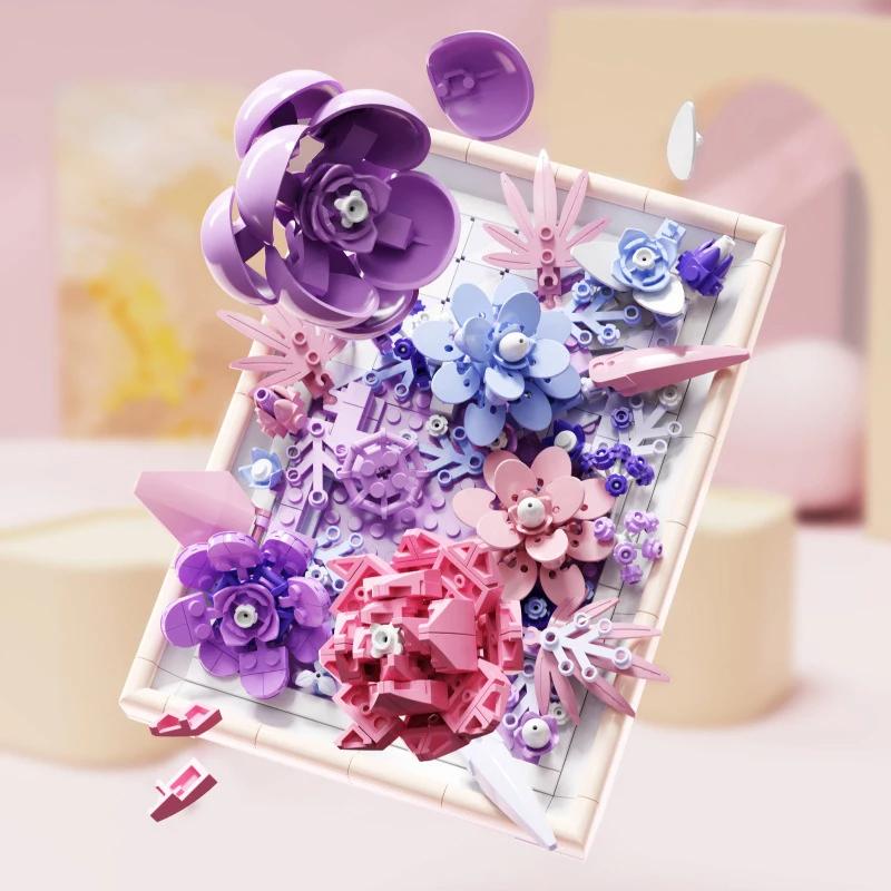 

Flower Photo Frame Building Blocks Fantasy Flower Bouquet Model Bricks Creative Desktop Decoration DIY Toys Gifts For Kids With Box фиолетовый