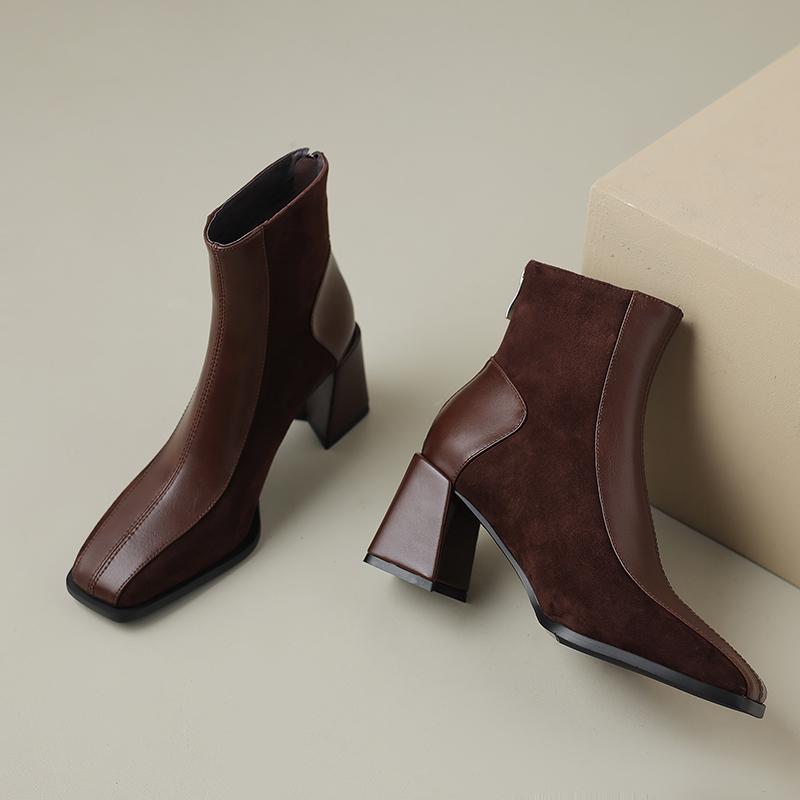Autumn Vintage Thick Heel Women Ankle Boots Fashion Square Toe Ladies Elegant Mordern Short Booties