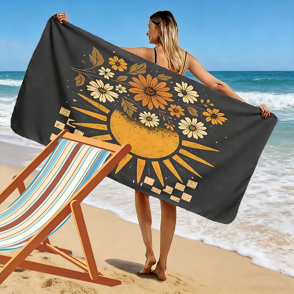 Golden Sun Meets Blossoms Print Beach Towel, Quick Drying, Suitable for Travel, Outdoor Sports, Jogging, the Beach and Swimming, Gift