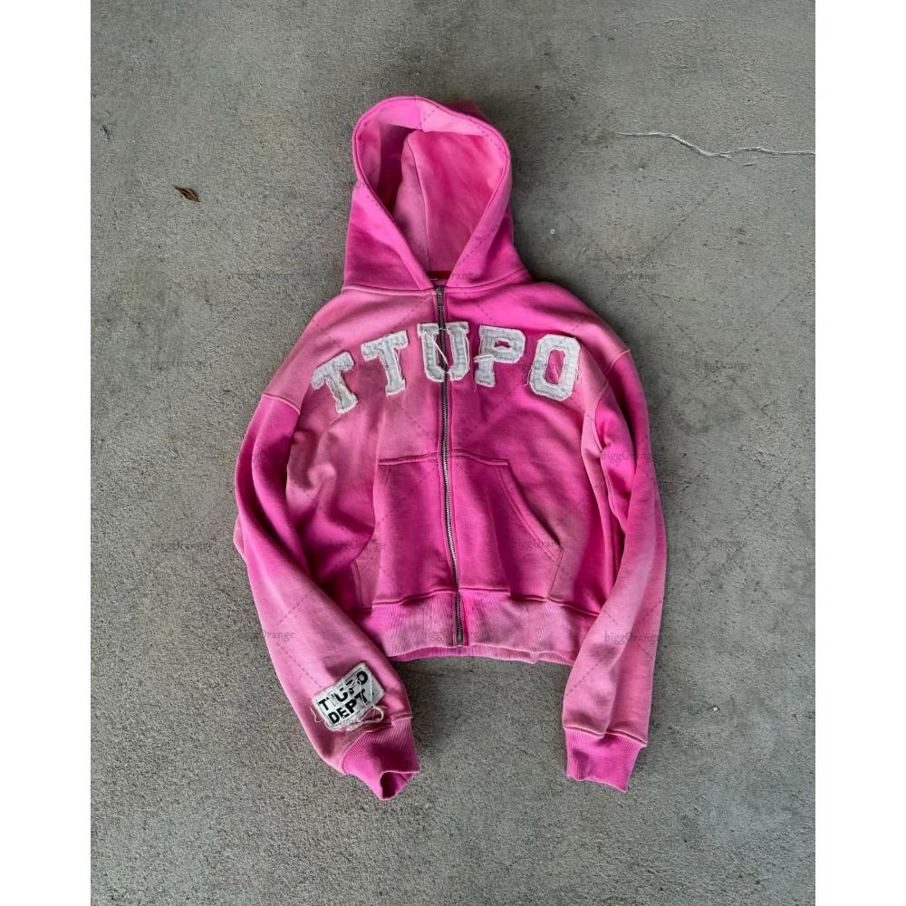 

Жіноча толстовка великого розміру з вишивкою літерами Y2K Американський ретро-одяг Вулична мода Світшот на блискавці M