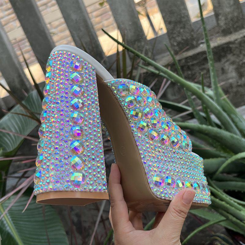 Luxuriöse Handgefertigte Voll Strass Plateau Keilabsatz Damen Hausschuhe Sandalen Sommer Hohe Absätze Pantoletten Pantoletten Klobige Schuhe