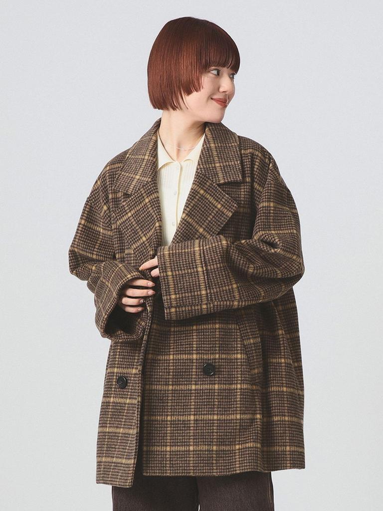 Ray Beams Women's Check Beaver Double-Breasted Half Coat, Brown 0