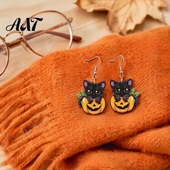Polished Smooth Edge Jewelry Halloween Black Cat Pumpkin Dangle Earrings, Cute Cartoon Animal Drop Creative Gift for Women Girls, Novelty Holiday