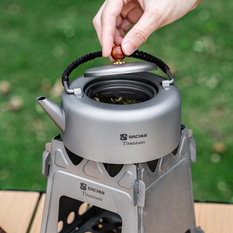 Pure Titanium Tea Kettle Outdoor Boiling Kettle Camping Portable Double Layer Tea Set with Storage Bag