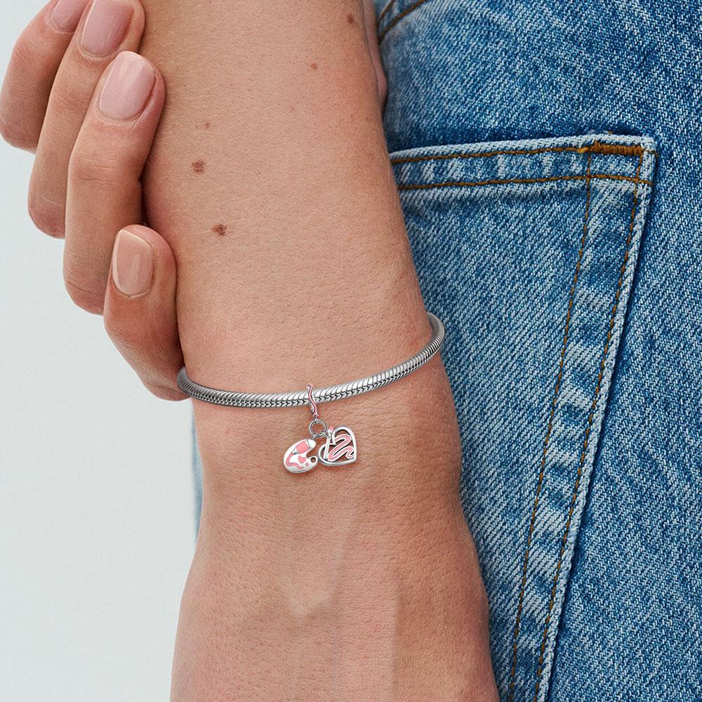 Copper Charms Zircon Pink Love Heart Pendants Beads Fit Originalbracelet Bangle Diy Jewelry For Women Gift