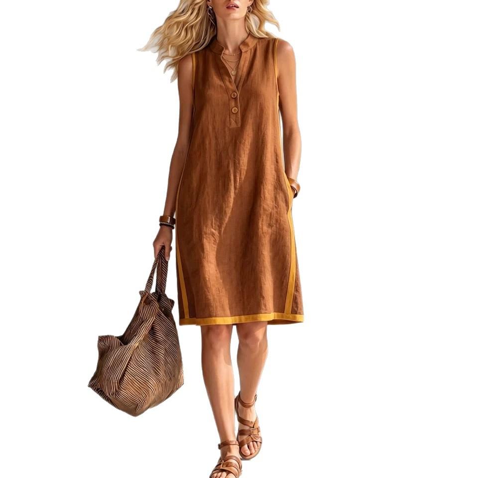 European and American summer new women's clothing women's V-neck sleeveless casual loose cotton and linen dress