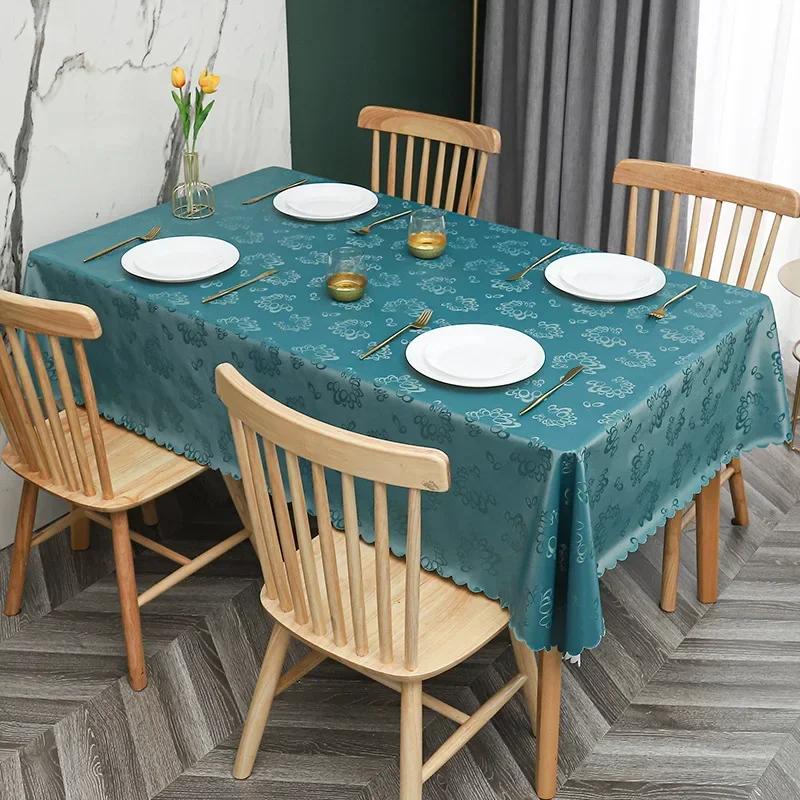 European Style PU Tablecloth, No Wash Restaurant Household Rectangular Waterproof Dining Table Fabric Jacquard Round Table Mat