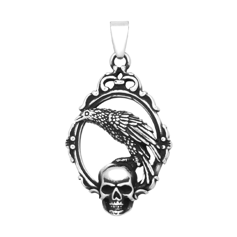 

A retro-style skull and mirror pendant necklace, a unisex punk-inspired stainless steel crow necklace, amulet jewelry.