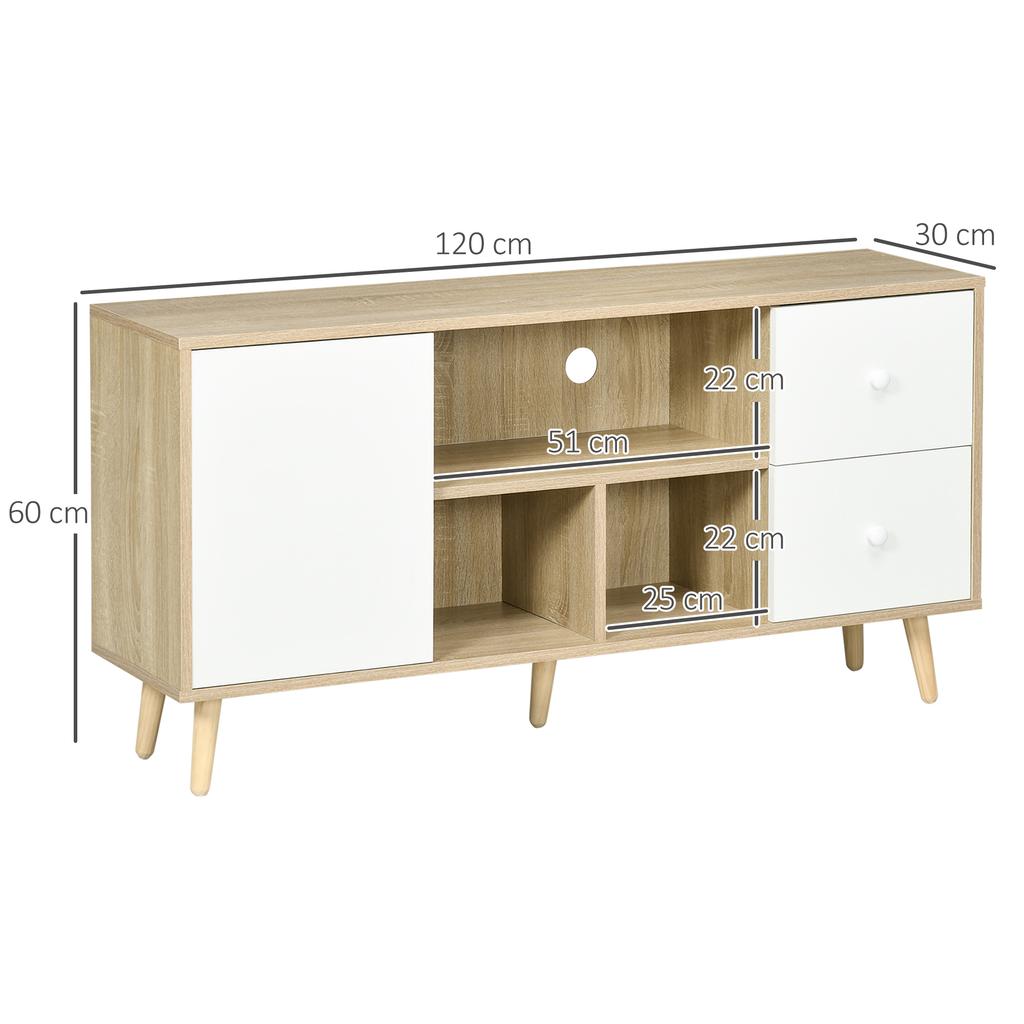 TV Cabinet for TVs Up To 45 Inches Solid Wood Legs Scandinavian Style 3 Open Compartments 1 Cupboard 120 X 30 X 60 Cm