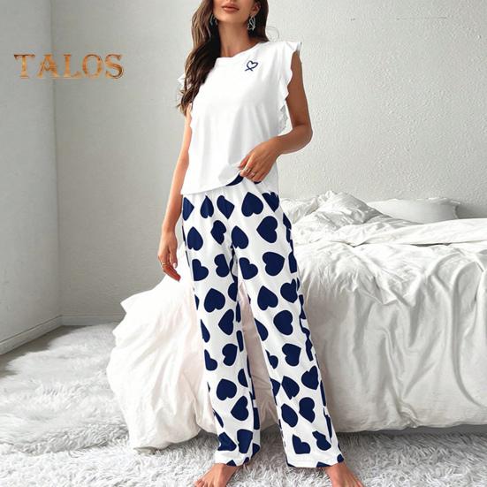 Damski Satynowy Zestaw Piżamowy Z Falbankami Top na Ramiączkach i Spodnie z Szerokimi Nogawkami Zestaw Casualowy 2-częściowy Strój Domowy Zestaw Lounge