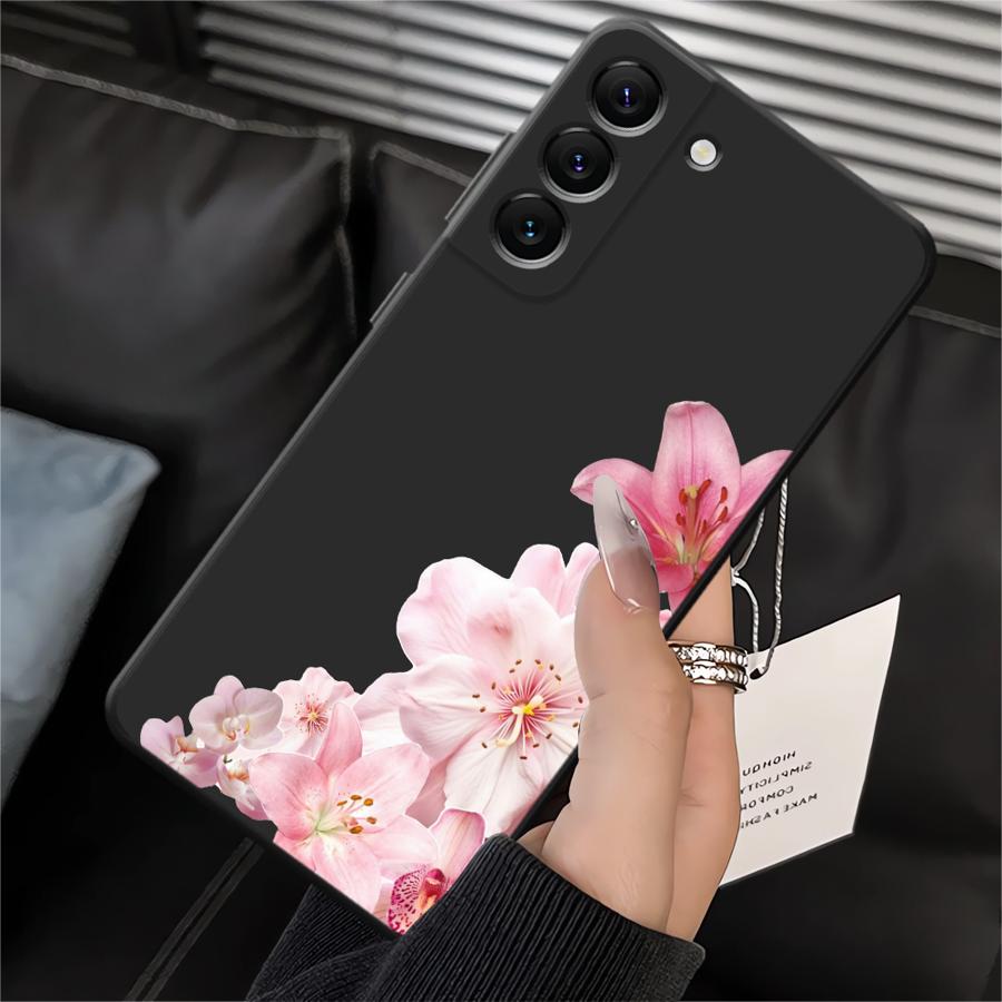 Case for Samsung Galaxy A70 A06 A04 A05 A50 A40 A16 A20 A13 A17 A10 A12 A30 A15 Black Soft Phone Cover Pink Lily Flower Pattern