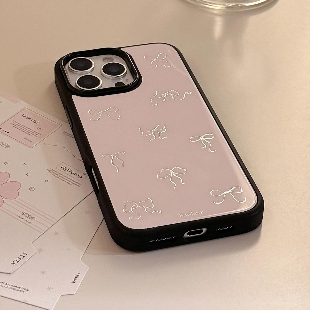 Gilded Case Suitable for iPhone 16 Pro Max, Apple 15, 13, 14, 17, with Glass and Light Luxury Pink Bow