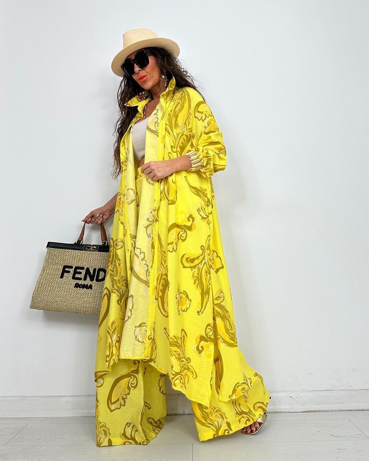 

2025 Autumn New Women s Lapel Print Medium and Long Top Wide-leg Pants Two-piece Set 5XL жёлтый