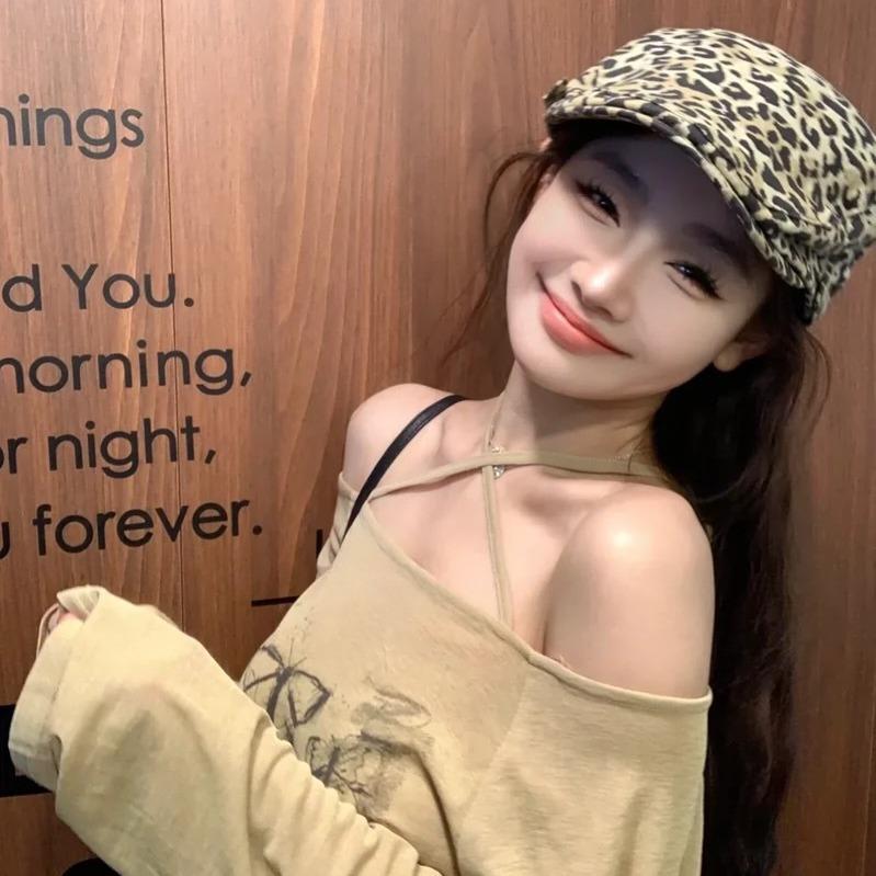 Women's Spring Summer Vintage Leopard Print Newsboy Cap Stylish Hot Girl Duckbill Beret Cool Hat