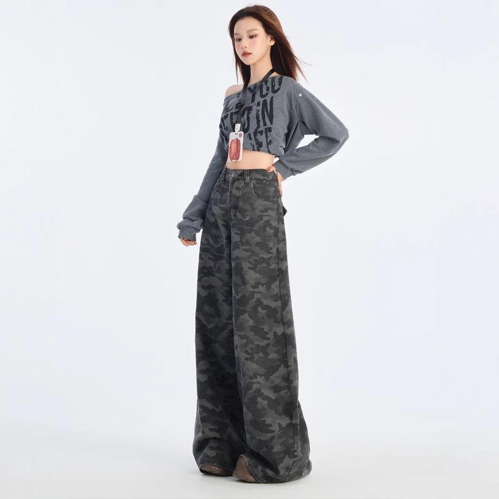 American-Style High-Waist Camo Jeans: Women's Wide-Leg, Slimming, Loose-Fit Pants for Spring 2025