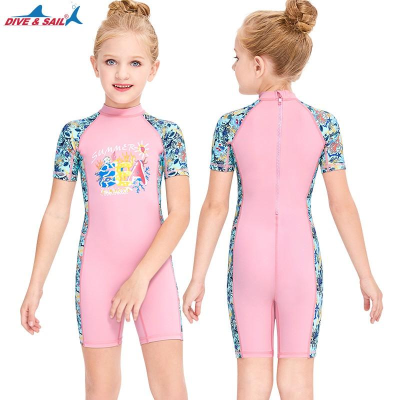 Children's Swimming Clothes Girls Sunscreen Quick-drying One-piece Short-sleeved Swimsuit Children Baby Hot
