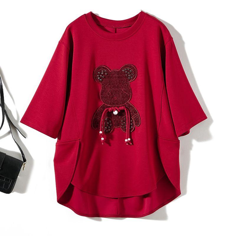 

Age-Reducing! Popular Three-Dimensional Flocking Bear Asymmetrical Patchwork Ponte De Roma round Neck Shirt with Half Sleeve T-shirt Women s Spring Burgundy L