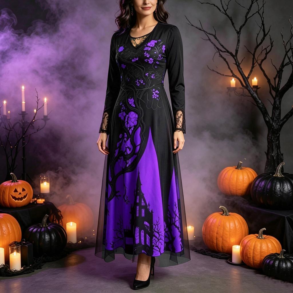 Women's Halloween Costume Lace Chiffon Long Dress with Thorn and Design