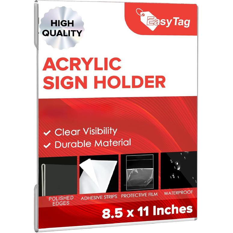 Easy Tag Acrylic Sign Holder 8.5 x 11 Wall Mount, Clear Sign Holders with Adhesive Strips, Wall Document Holder Plastic, Perfect Business & Store 1