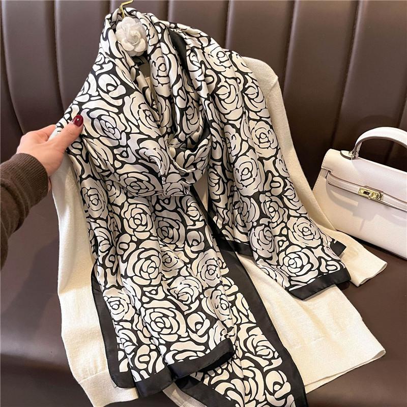Fashion Brand Women Silk Scarf Luxury Dark Green Aztec Floral Pashmina Shawls Wrap Soft Foulard Femme Muslim Hijab 180*90Cm