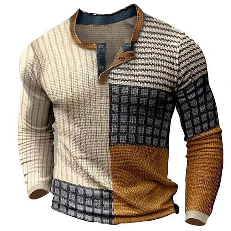 Men's Long Sleeve 3-Button T-Shirt with Color Block Design Fashion Digital Print Casual Outdoor