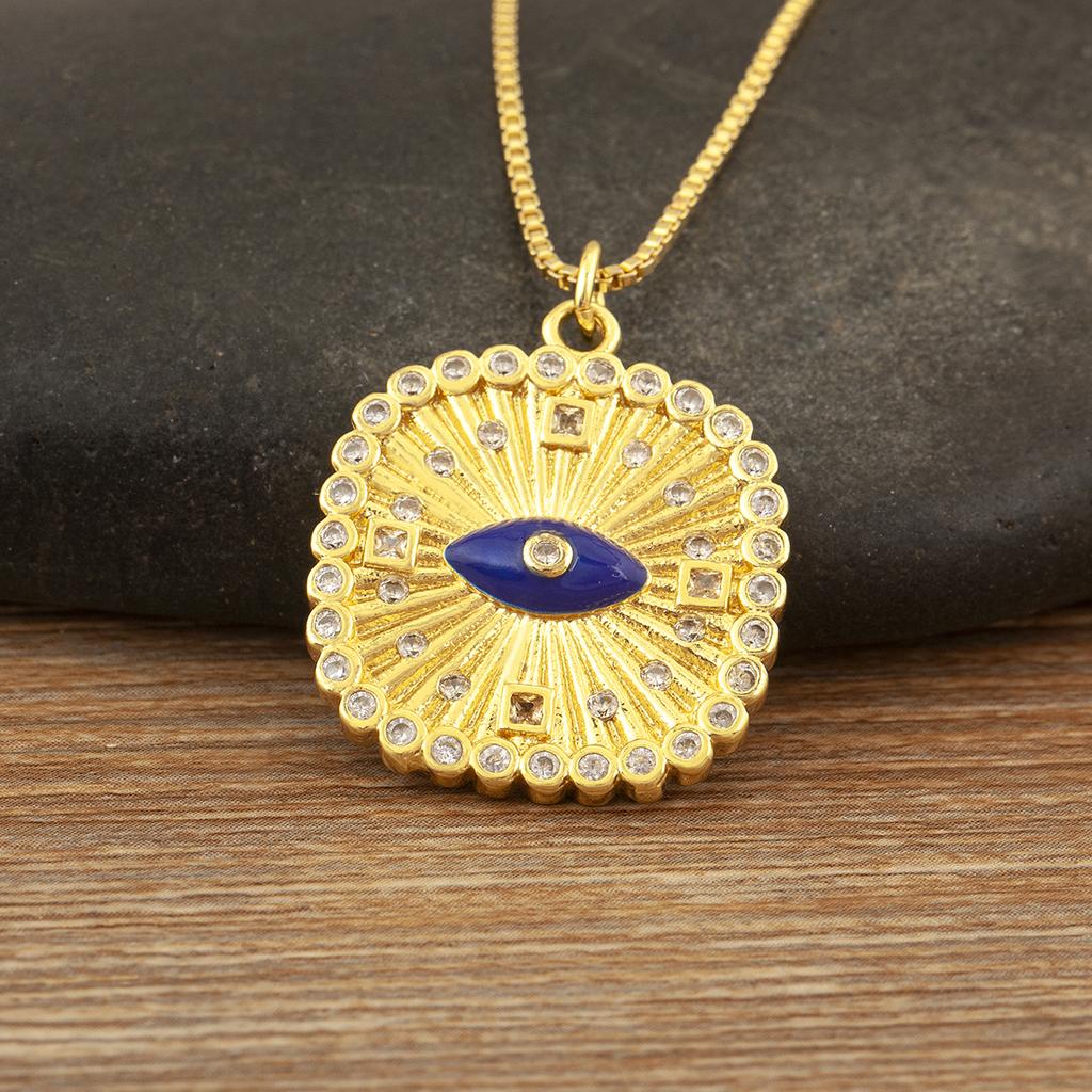 Nidin New Trendy Square Shape Evil Eye Charm Pendant Necklace For Women Men Copper Shiny Crystal Zircon Clavicle Chain Jewelry