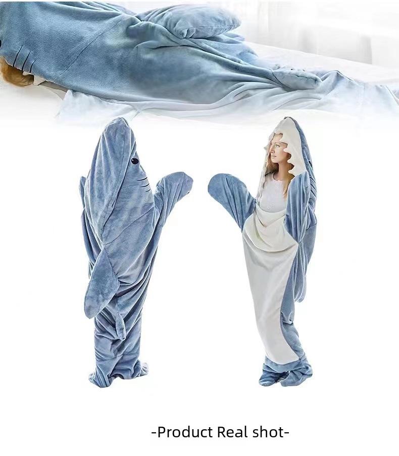 Cartoon Flannel Shark Sleeping Bag Pajamas - One-Piece Home Wear for Autumn and Winter