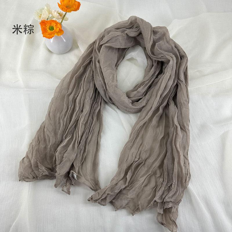 Women Soft Breathable Cotton and Linen Scarves Solid Color Pleated Scarf Retro Bohemian Style Long Wraps 180*90cm Multi Color