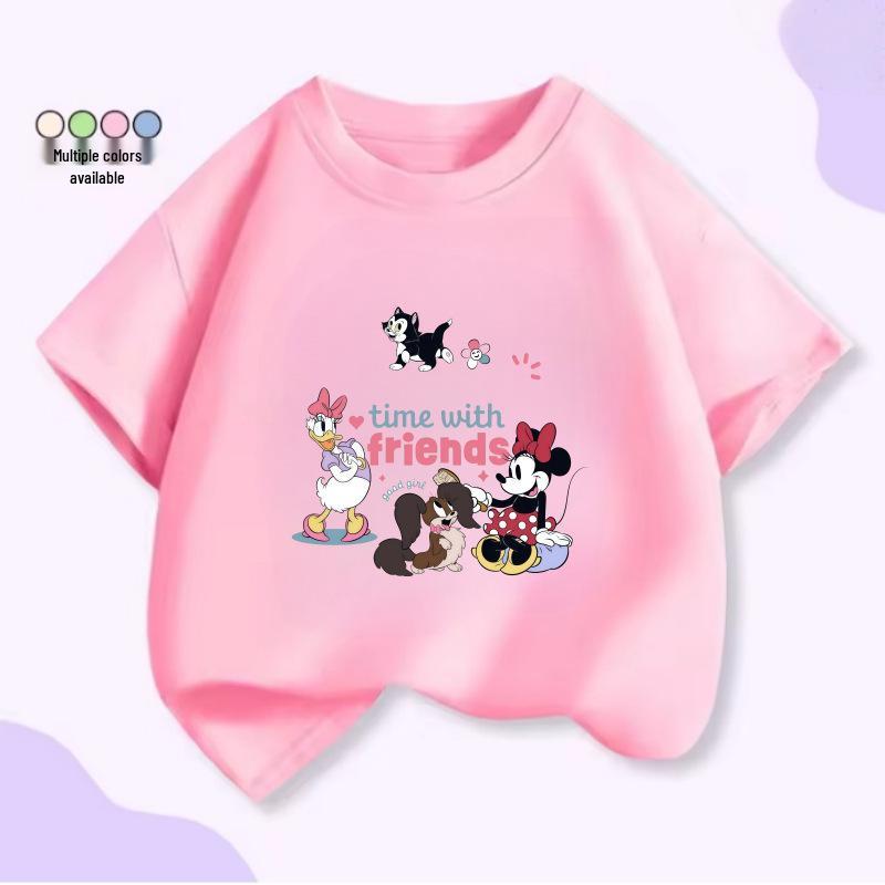 Disney Girls Minnie Mouse Cartoon Print Cat T-Shirt - Summer Short Sleeve Round Neck Top 150